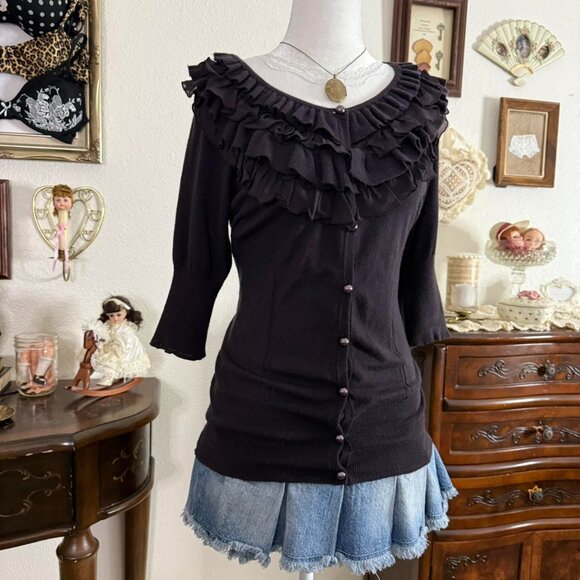 girly grunge twee preppy dark purple ruffle cropped sleeve cardigan - Picture 3 of 5